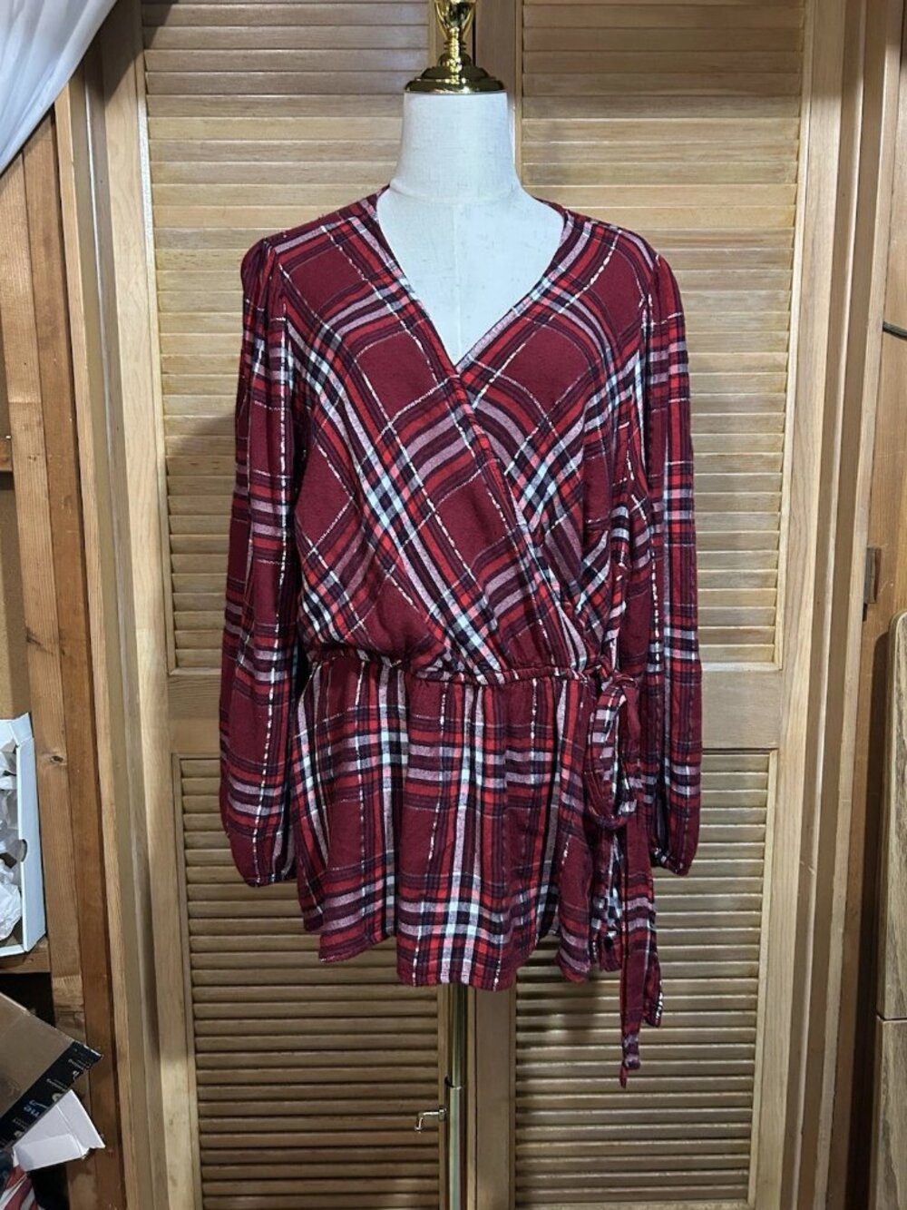 Lane Bryant Womens Size 20 Long Sleeve Red Plaid Blouse With Silver Thread